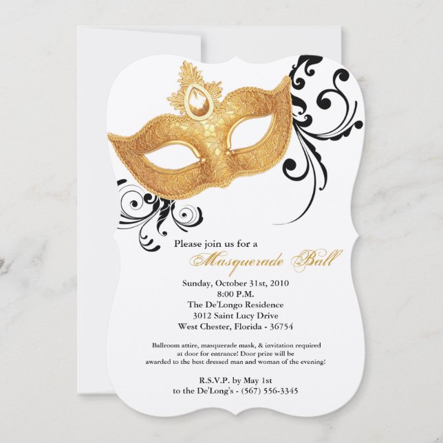 Gold Masquerade Ball Mask Costume Halloween Invitation (Front)