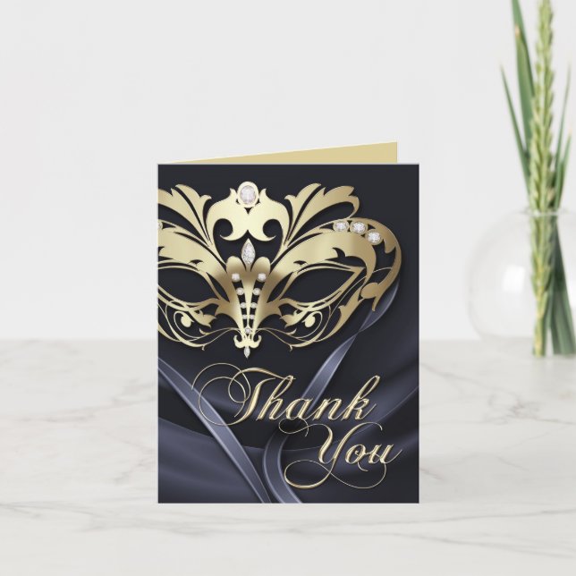 Gold Masquerade Black Thank You Card (Front)