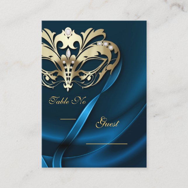 Gold Masquerade Blue Jewelled Table PlaceCard (Front)