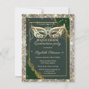 Gold Masquerade Glitter Green Quinceañera Invitation