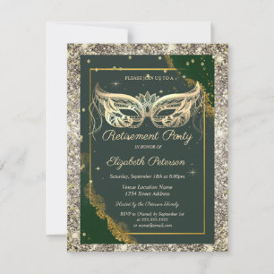 Gold Masquerade Glitter Green Retirement Party Invitation