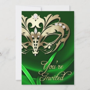 Gold Masquerade Green Jewelled Party Invitation
