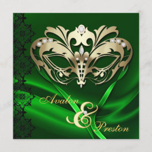 Gold Masquerade Green Jewelled Wedding Invitation