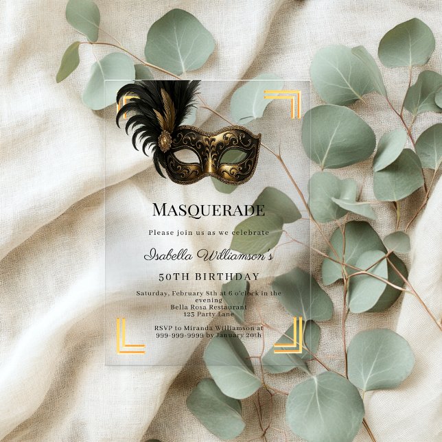Gold Masquerade luxury birthday party Acrylic Invitations (Creator Uploaded)
