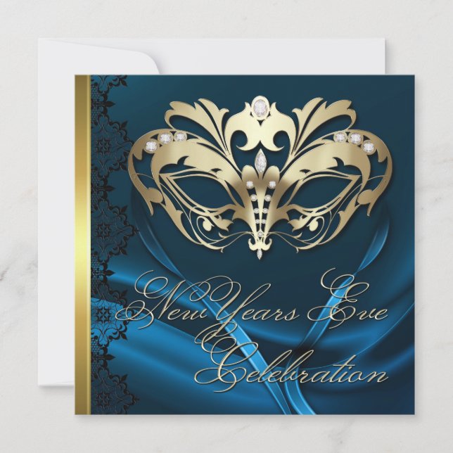 Gold Masquerade Mask Blue New Years Invitation (Front)