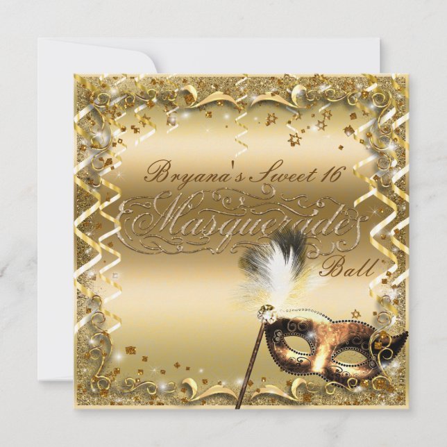 Gold Masquerade Mask Elegant Ball Birthday Party Invitation (Front)