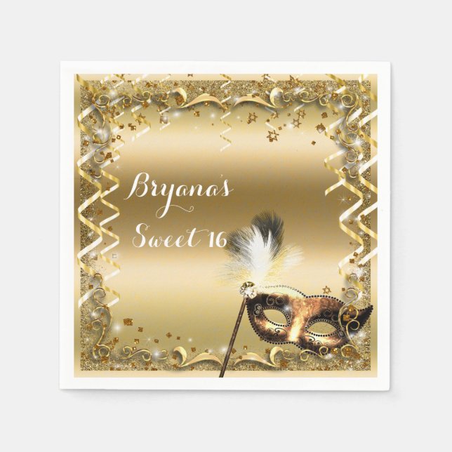 Gold Masquerade Mask Elegant Ball Birthday Party Napkin (Front)