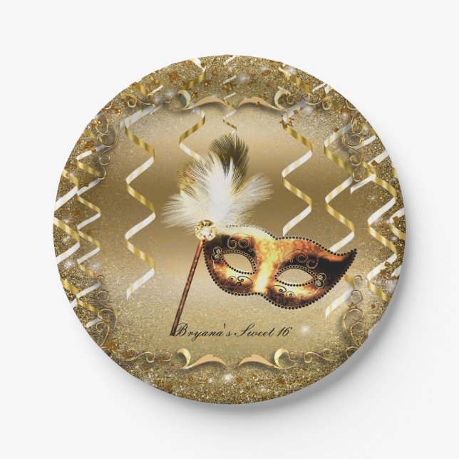Gold Masquerade Mask Elegant Ball Birthday Party Paper Plate (Front)
