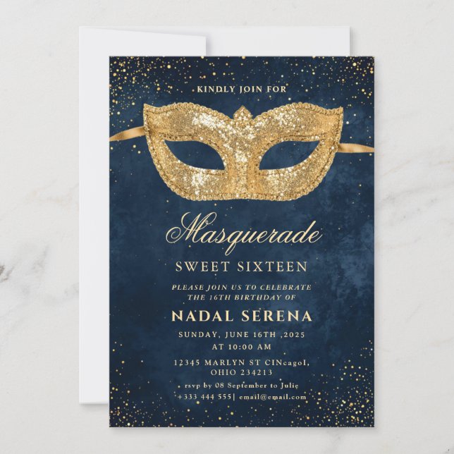 gold masquerade mask Sweet 16 Invitation (Front)