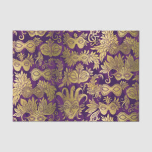 Gold Masquerade Masks on Purple Pattern Tissue Paper