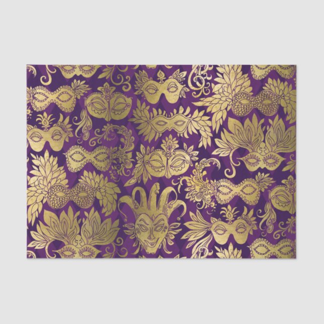 Gold Masquerade Masks on Purple Pattern Tissue Paper (Front)
