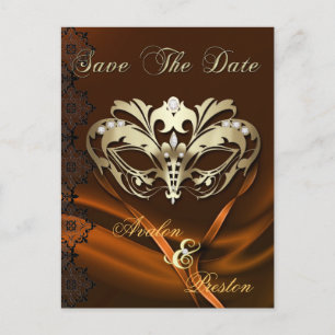 Gold Masquerade Orange Jewel Save The Date Announcement Postcard