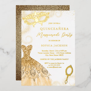 Gold Masquerade Party Dress Quinceanera Foil Invit