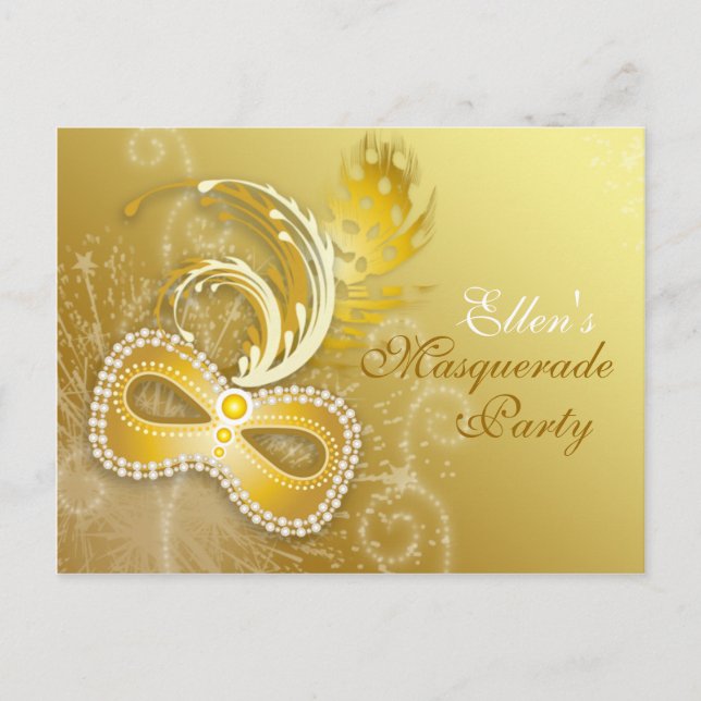 Gold Masquerade Party Invitation Postcard (Front)