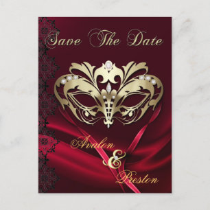 Gold Masquerade Red Jewel Save The Date Postcard