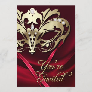 Gold Masquerade Red Jewelled Party Invitation