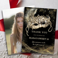 Gold Masquerade Sweet 16 Photo Thank You Card