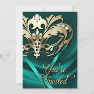 Gold Masquerade Teal Jewelled Party Invitation