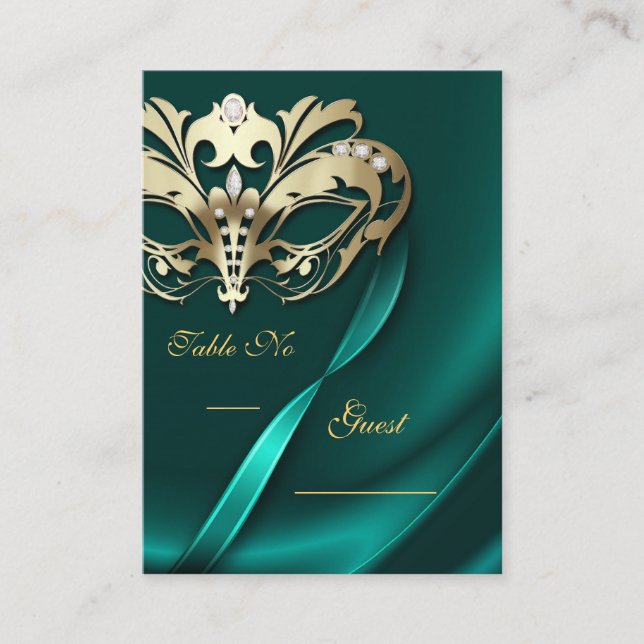 Gold Masquerade Teal Jewelled Table PlaceCard (Front)