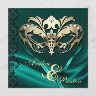 Gold Masquerade Teal Jewelled Wedding Invitation