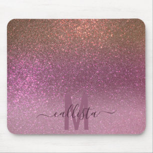 Gold Mauve Purple Sparkly Glitter Ombre Monogram Mouse Pad