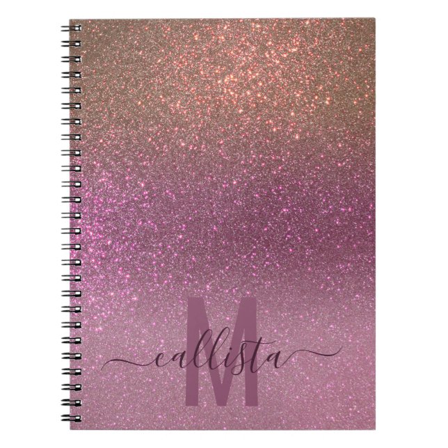 Gold Mauve Purple Sparkly Glitter Ombre Monogram Notebook (Front)