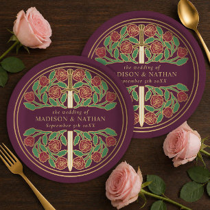 Gold Mauve Royal Mediaeval Floral Sword Wedding  Paper Plate
