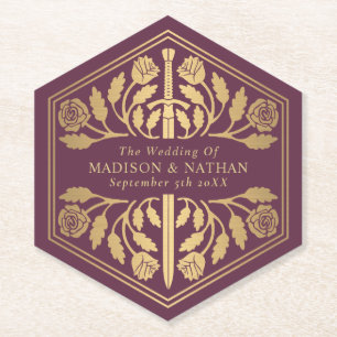 Gold Mauve Royal Medieval Sword Wedding Paper Coaster