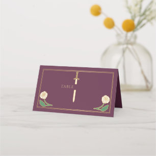 Gold Mauve Royal White Floral Sword Wedding Place Card