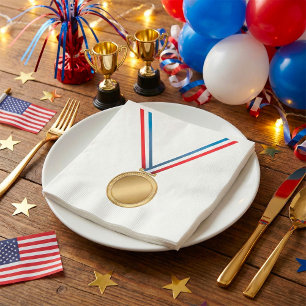 Gold Medal Award with Red White Blue Ribbon Napkin