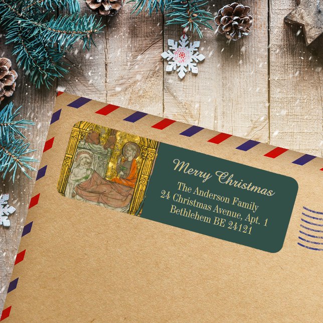 Gold Mediaeval Christian Christmas Nativity Scene (Elegant Gold Medieval Vintage Christian Christmas Catholic Nativity Scene Return Address Label)