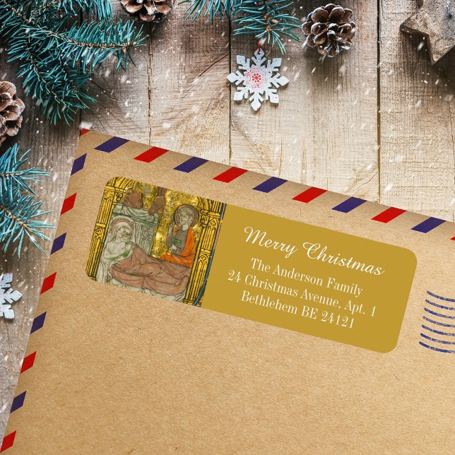 Gold Mediaeval Christian Merry Christmas Nativity (Gold Medieval Manuscript Religious Christian Catholic Merry Christmas Nativity Scene Address Label)