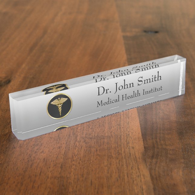 Gold Medical Caduceus - Desk Nameplate (Side)