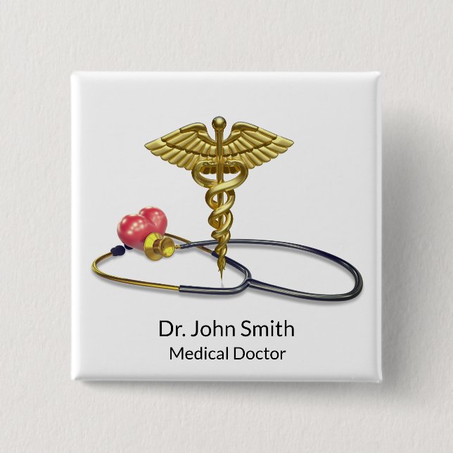 Gold Medical Caduceus & Stethoscope with Heart 15 Cm Square Badge (Front)