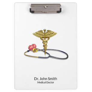 Gold Medical Caduceus & Stethoscope with Heart Clipboard