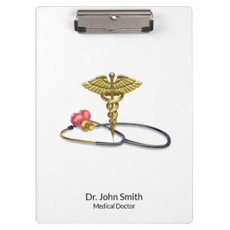 Gold Medical Caduceus & Stethoscope with Heart Clipboard