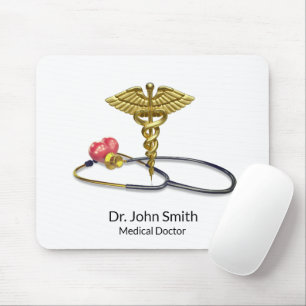 Gold Medical Stethoscope & Caduceus with Heart Mouse Pad