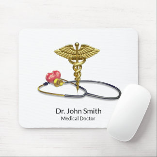 Gold Medical Stethoscope & Caduceus with Heart Mouse Pad