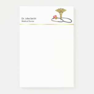 Gold Medical Stethoscope & Caduceus with Heart Post-it Notes