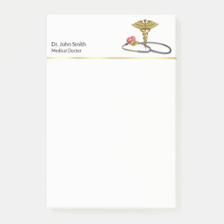 Gold Medical Stethoscope & Caduceus with Heart Post-it Notes