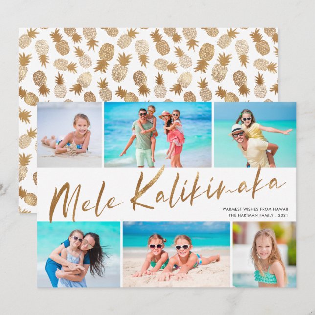 Gold Mele Kalikimaka 6 Photo Collage Christmas  Ho Holiday Card (Front/Back)