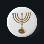 gold menorah 6 cm round badge<br><div class="desc">Menora, channukah,  gold metallic,  hannukah,  hebrew,  holidays,  jew,  jewish,  judaism,  menorah, chanukah, hannuka, channuka, christmukah, christmukkah, judaica rabbi</div>