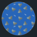 Gold Menorah and L'chaim Blue  Classic Round Sticker<br><div class="desc">Envelope stickers/seals for Hanukkah. Stylish and festive way to seal your envelopes</div>