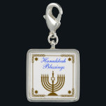 Gold Menorah Charm<br><div class="desc">Square sterling silver-plated charm with an image of a gold menorah in a gold frame with gold Stars of David,  and a customisable holiday sentiment. See the entire Hanukkah Charm collection in the HOLIDAYS section.</div>