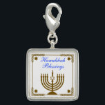 Gold Menorah Charm<br><div class="desc">Square sterling silver-plated charm with an image of a gold menorah in a gold frame with gold Stars of David, and a customisable holiday sentiment. See the entire Hanukkah Charm collection in the HOLIDAYS section.</div>