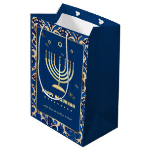 Gold Menorah Custom Name Hanukkah Medium Gift Bag