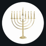 Gold Menorah Holiday Classic Round Sticker<br><div class="desc">This sticker features a gold coloured menorah on a white background. Perfect compliment to your holiday mailings and gifts to add a little decoration.</div>