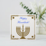 Gold Menorah Invitation<br><div class="desc">Square pearl shimmer invitation with an image of a gold menorah in a gold gilded frame with a Star of David in each corner on white and a blue customisable sentiment. The back has an image of a gold gilded frame and customisable text. See matching greeting card, square sticker and...</div>
