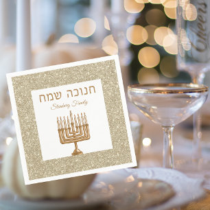 Gold Menorah Jewish Celebration Hebrew Hanukkah Napkin