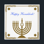 Gold Menorah Magnet<br><div class="desc">Square magnet with an image of a gold menorah in a golden frame with gold Stars of David and a blue customisable holiday sentiment. See the entire Hanukkah Magnet collection in the HOLIDAYS section.</div>